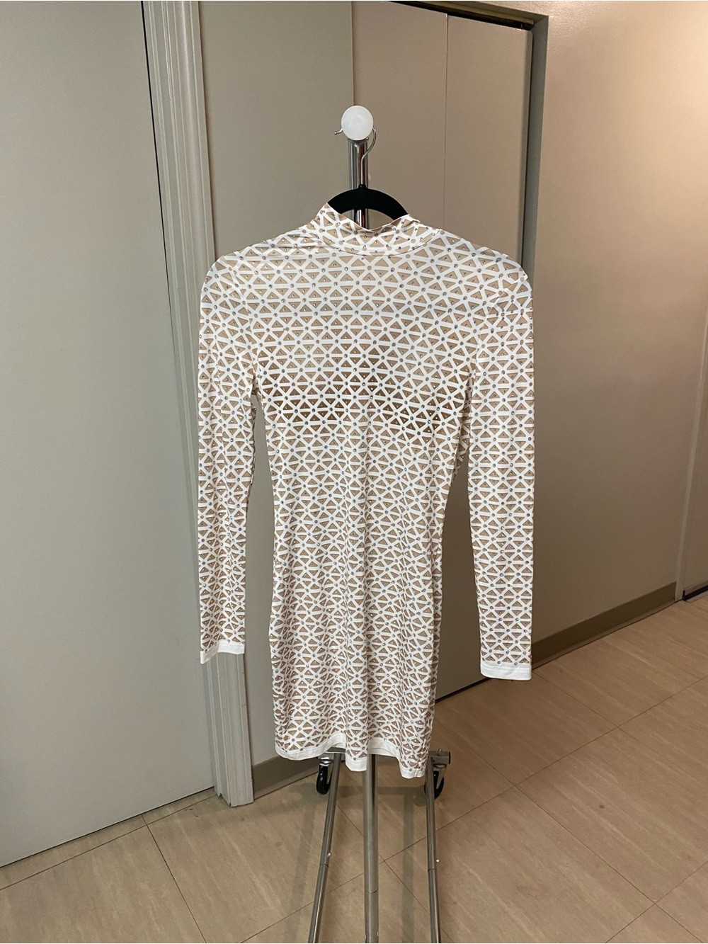 Fashion Nova White Geometric Mesh Long Sleeve Mini Dress